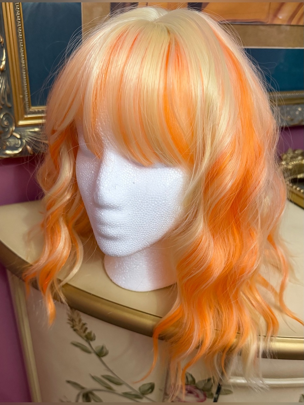 New Halloween Wig Blonde w/Orange Highlights-Curls